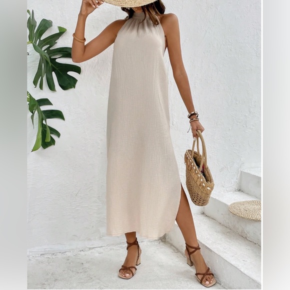 Cotton Split Thigh Halter Backless Dress - Picture 3 of 5